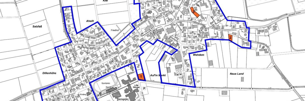 Ein Ausschnitt einer Ortskarte in der Baulücken eingezeichnet sind.