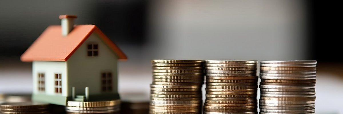 Ein kleines Modellhaus, das neben gestapelten Münzen steht, als Symbolbild für die Grundsteuer.