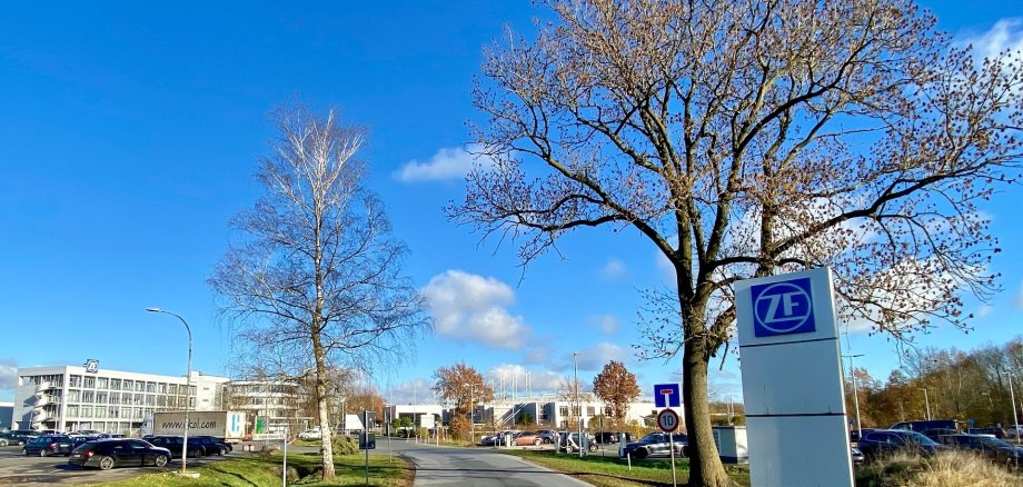 Zufahrtsstraße zu einem modernen Unternehmensgelände mit mehreren Gebäuden und Parkplätzen. Rechts im Vordergrund steht ein großes weißes Firmenschild mit blauem ZF-Logo neben einem hohen Laubbaum. Links säumen ein kahler Baum, geparkte Autos und ein Bürogebäude die Straße. Im Hintergrund sind weitere Betriebsgebäude und Parkflächen zu sehen. Der Himmel ist leuchtend blau mit wenigen weißen Wolken.