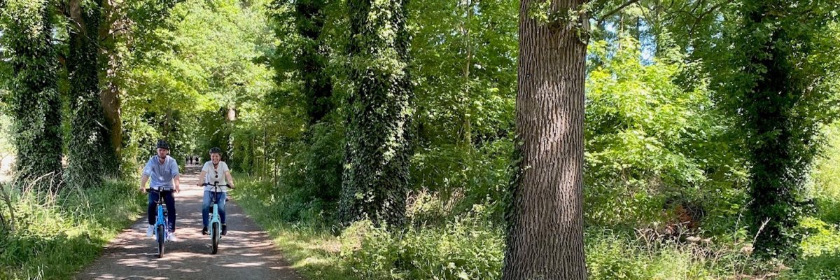 Badeallee Levern Radfahrer Ein Radfahrer und eine Radfahrerin, die bei sonnigem Wetter durch eine grün blühende Allee fahren.