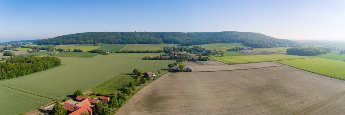 Panorama Stemweder Berg Eine Panoramaaufnahme, die aus der Luft aufgenommen wurde, vom Stemweder Berg. Die Aufnahme wurde im Sommer gemacht, als der Wals kräftig grün erscheint.