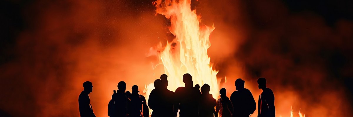 Crowd of people in silhouette watching easter fire or bonfire. Generative AI. Crowd of people in silhouette watching easter fire or bonfire. Generative AI.