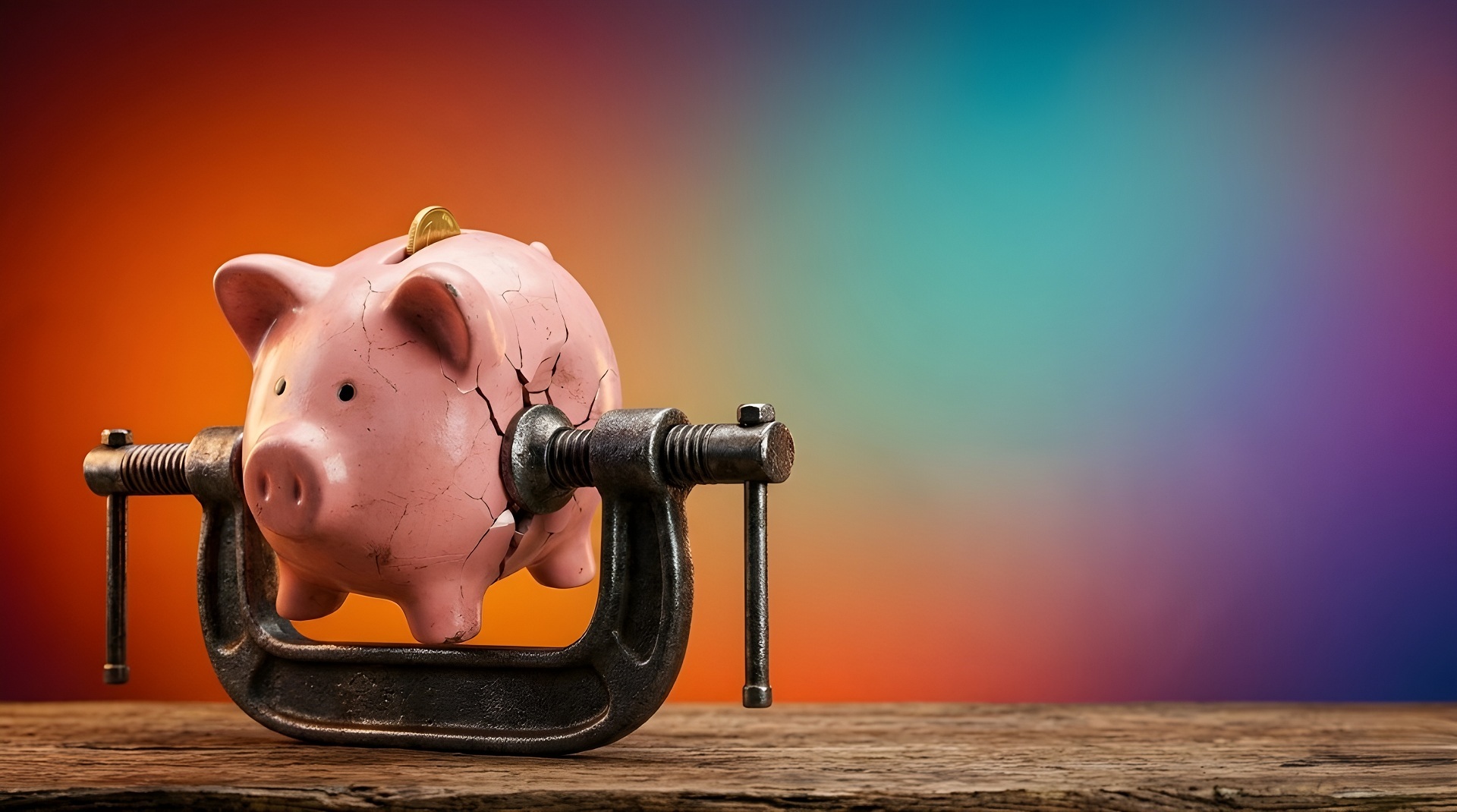 Ein pinkes Sparschwein, das in einem Schraubstock klemmt und zu zerbrechen droht. Symbolbild für den finanziellen Druck der Kommunen.