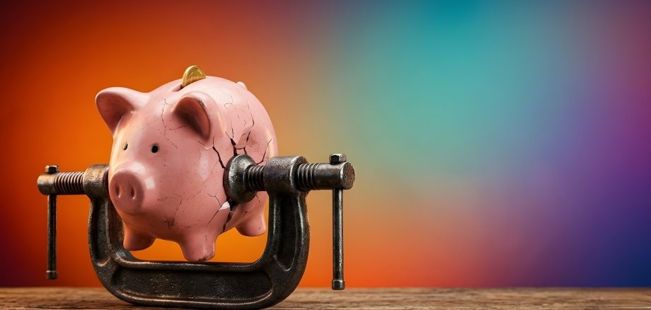 Ein pinkes Sparschwein, das in einem Schraubstock klemmt und zu zerbrechen droht. Symbolbild für den finanziellen Druck der Kommunen.