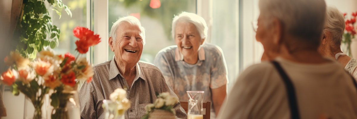 Happy old age, a group of elderly people in a nursing home. Mehrere lachende Seniorinnen und Senioren sitze um einen Tisch herum.