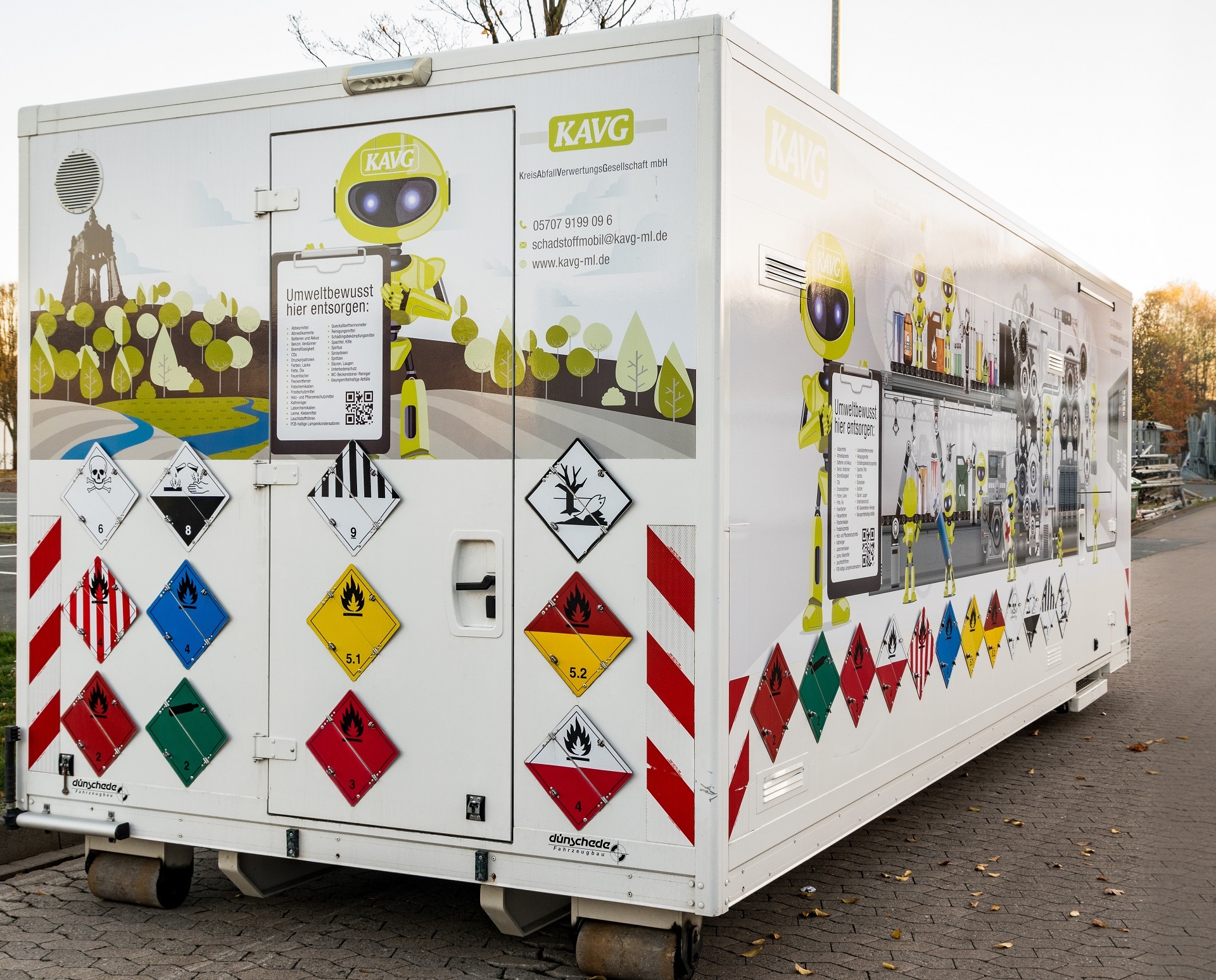 Ein weißer Müllcontainer mit verschiedenen Aufklebern, die auf Abfall- und Schadstoffe hinweisen.