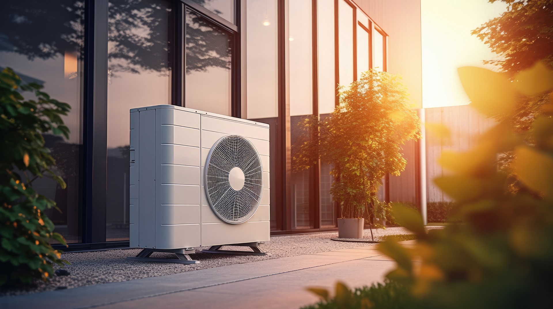 Außeneinheit einer modernen Wärmepumpe neben einem Wohnhaus mit großen Glasfronten. Die Anlage steht auf einem Kiesbett, im Hintergrund sind Bäume und Sträucher zu sehen. Warmes Sonnenlicht vermittelt eine freundliche, nachhaltige Wohnatmosphäre.