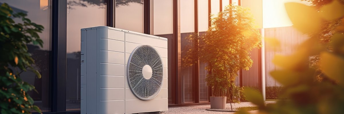 Wärmepumpe Außeneinheit einer modernen Wärmepumpe neben einem Wohnhaus mit großen Glasfronten. Die Anlage steht auf einem Kiesbett, im Hintergrund sind Bäume und Sträucher zu sehen. Warmes Sonnenlicht vermittelt eine freundliche, nachhaltige Wohnatmosphäre.