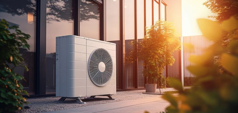 Wärmepumpe Außeneinheit einer modernen Wärmepumpe neben einem Wohnhaus mit großen Glasfronten. Die Anlage steht auf einem Kiesbett, im Hintergrund sind Bäume und Sträucher zu sehen. Warmes Sonnenlicht vermittelt eine freundliche, nachhaltige Wohnatmosphäre.