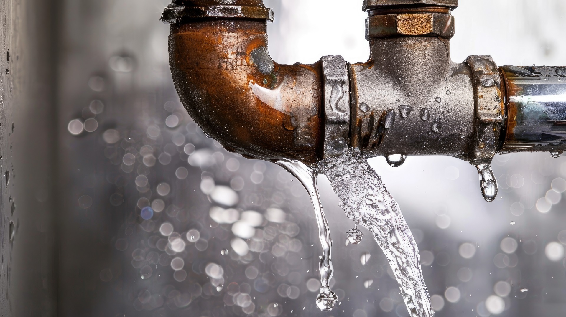 Großaufnahme eines undichten Wasseranschlusses aus dem Wasser läuft.