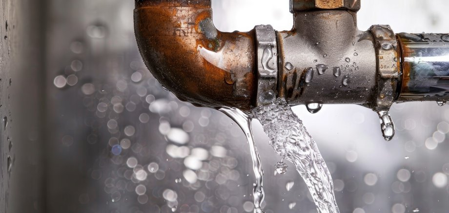 Großaufnahme eines undichten Wasseranschlusses aus dem Wasser läuft.