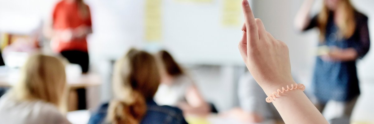 Wortmeldung im Unterricht Eine Szene aus dem Schulunterricht. Eine Schülerin meldet sich, während der Rest der Klasse nur unscharf zu sehen ist.