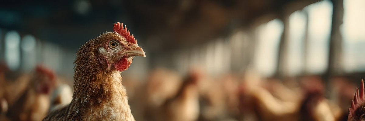 Geflügel Eine braune Henne steht in einem Hühnerstall auf Stroh, umgeben von weiteren Hühnern. Im Hintergrund ist der Stall unscharf zu sehen, durch die Fenster fällt warmes Licht