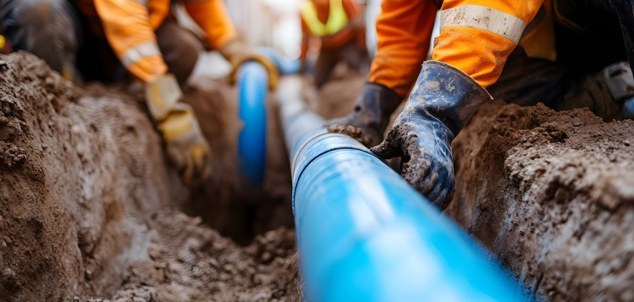 Construction Workers Installing Underground Blue Pipe | Infrastructure Development and Utility Installation Construction Workers Installing Underground Blue Pipe | Infrastructure Development and Utility Installation