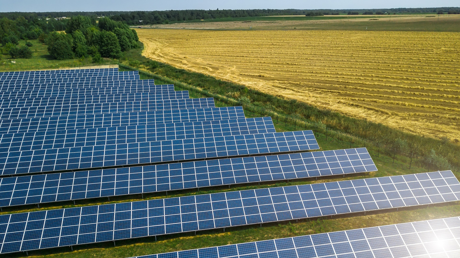 Ein Solarpark neben einer landwirtschaftlichen Fläche. 