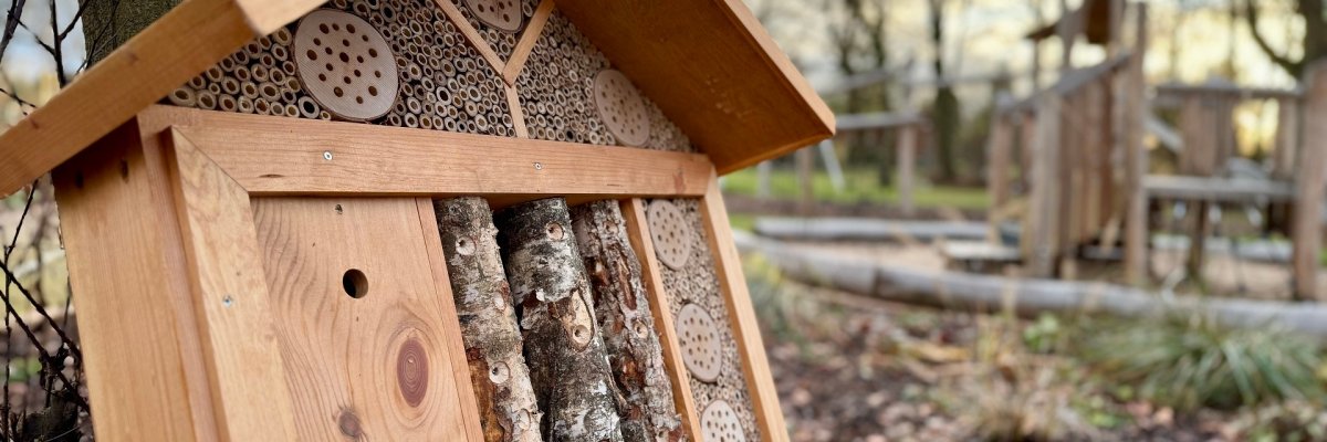 Nahaufnahme eines Insektenhotels aus Holz.