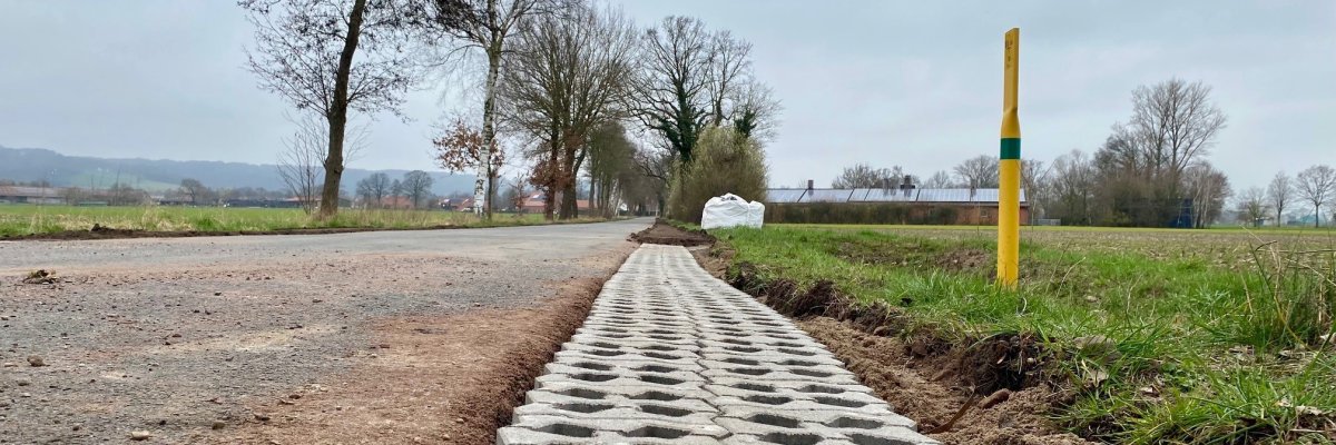 Nahaufnahme von am Straßenrand verlegten Rasengittersteinen.