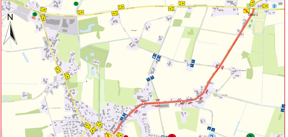 Eine Straßenkarte, auf der in Rot eine Sperrung eingezeichnet ist und auf der Symbole eine Umleitung auschildern.
