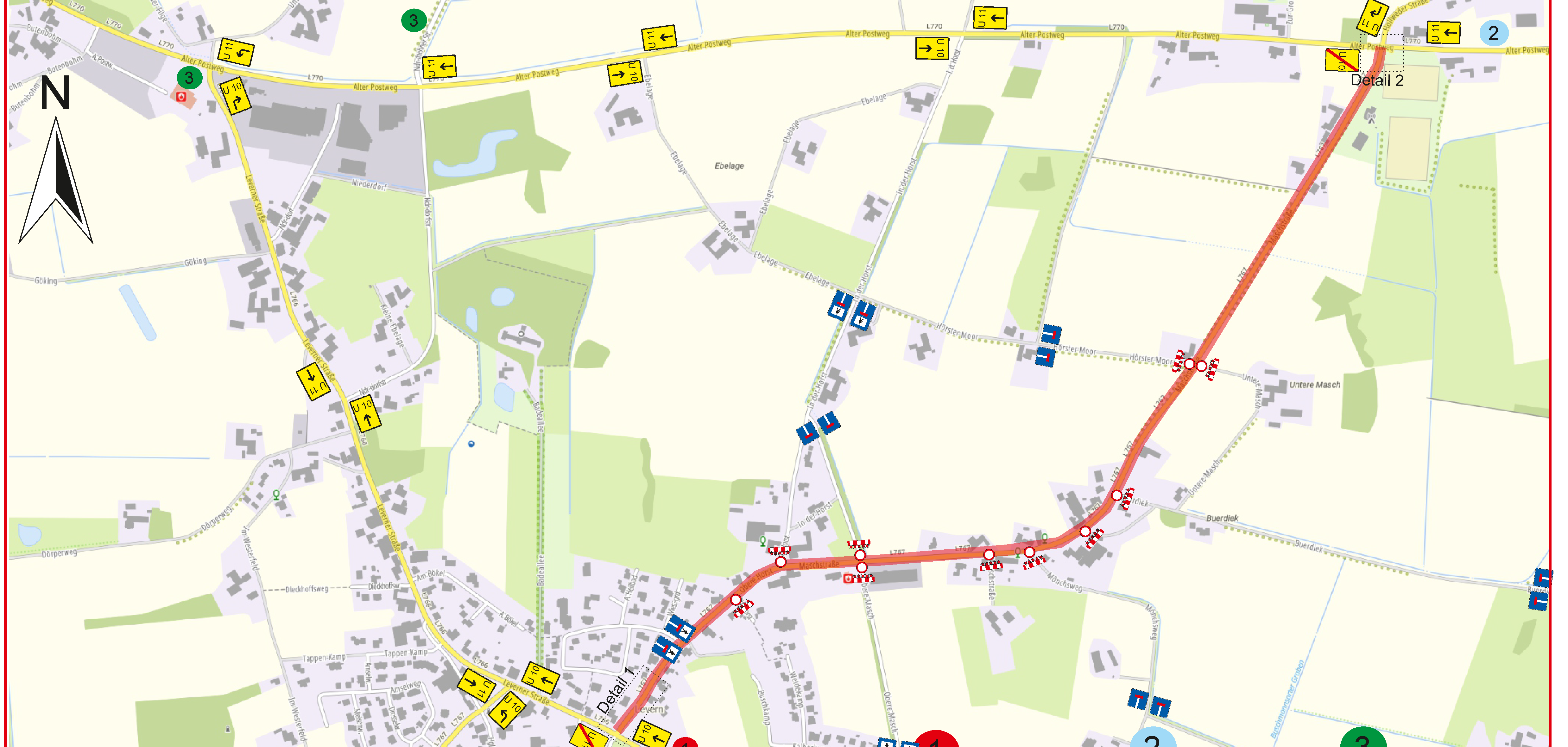 Eine Straßenkarte, auf der in Rot eine Sperrung eingezeichnet ist und auf der Symbole eine Umleitung auschildern.