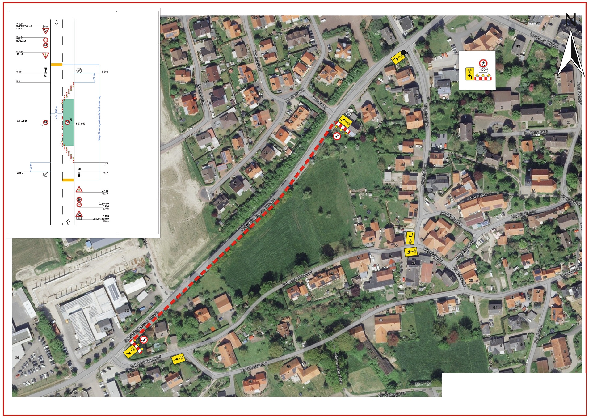 Eine Straßenkarte, auf der eine Baustelle eingezeichnet ist.
