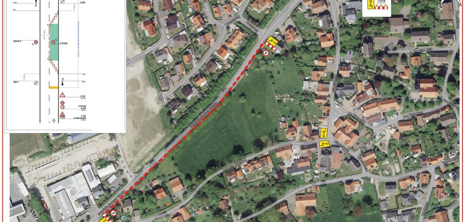 Eine Straßenkarte, auf der eine Baustelle eingezeichnet ist.