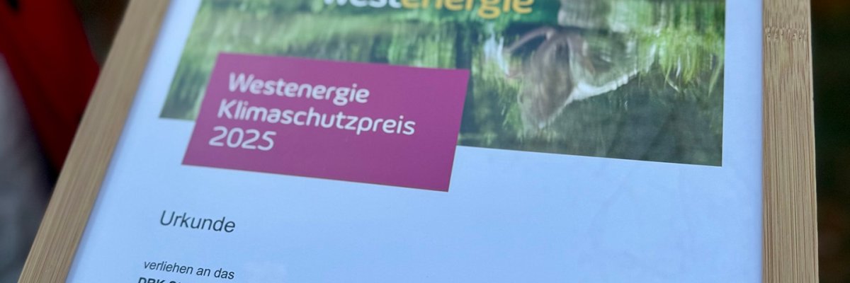 Klimaschutzpreis 2025 Eine Urkunde auf der folgendes zu lesen ist: "Klimaschutzpreis 2025 Westenergie" für den Ortsverband Stemwede des Deutschen Roten Kreuzes.