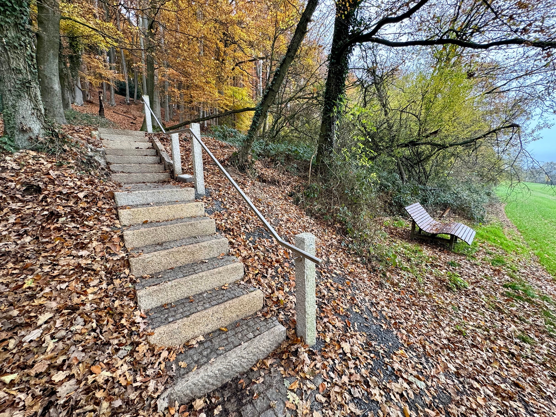 Eine Außentreppe aus Betonstufen führt einen Hang hinauf und ist links von herbstlichen Bäumen und rechts von dichtem Gebüsch umgeben. Ein schlichtes Metallgeländer verläuft entlang der Treppe. Rechts neben der Treppe steht auf einer kleinen freien Fläche eine hölzerne Liegebank mit Blick ins offene, grüne Feld. Der Boden ist mit vielen bunten Herbstblättern bedeckt.