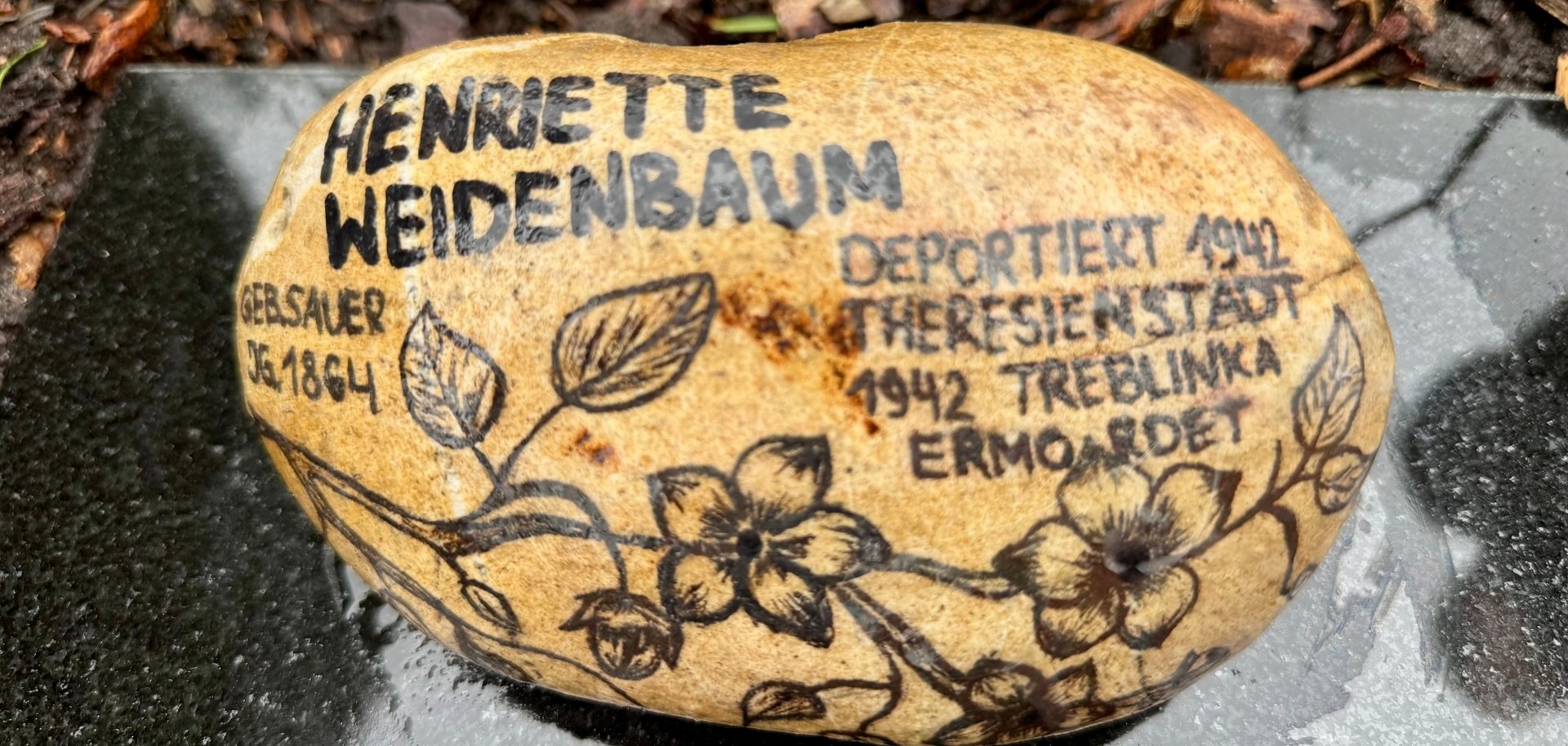 Ein ovaler, hellbrauner Gedenkstein liegt auf einer dunklen Steinplatte im Freien, umgeben von feuchtem Laub und Erde. Auf dem Stein stehen handschriftlich wirkende schwarze Inschriften und florale Zeichnungen. Lesbarer Text: „Henriette Weidenbaum“, links „Gersauer Nr. 18 CH“, rechts „Deportiert 1942 Theresienstadt 1942 Treblinka ermordet“. Der Stein ist mit gezeichneten Blumen und Blättern verziert und wirkt wie ein persönliches Erinnerungszeichen an ein Opfer des Holocaust.