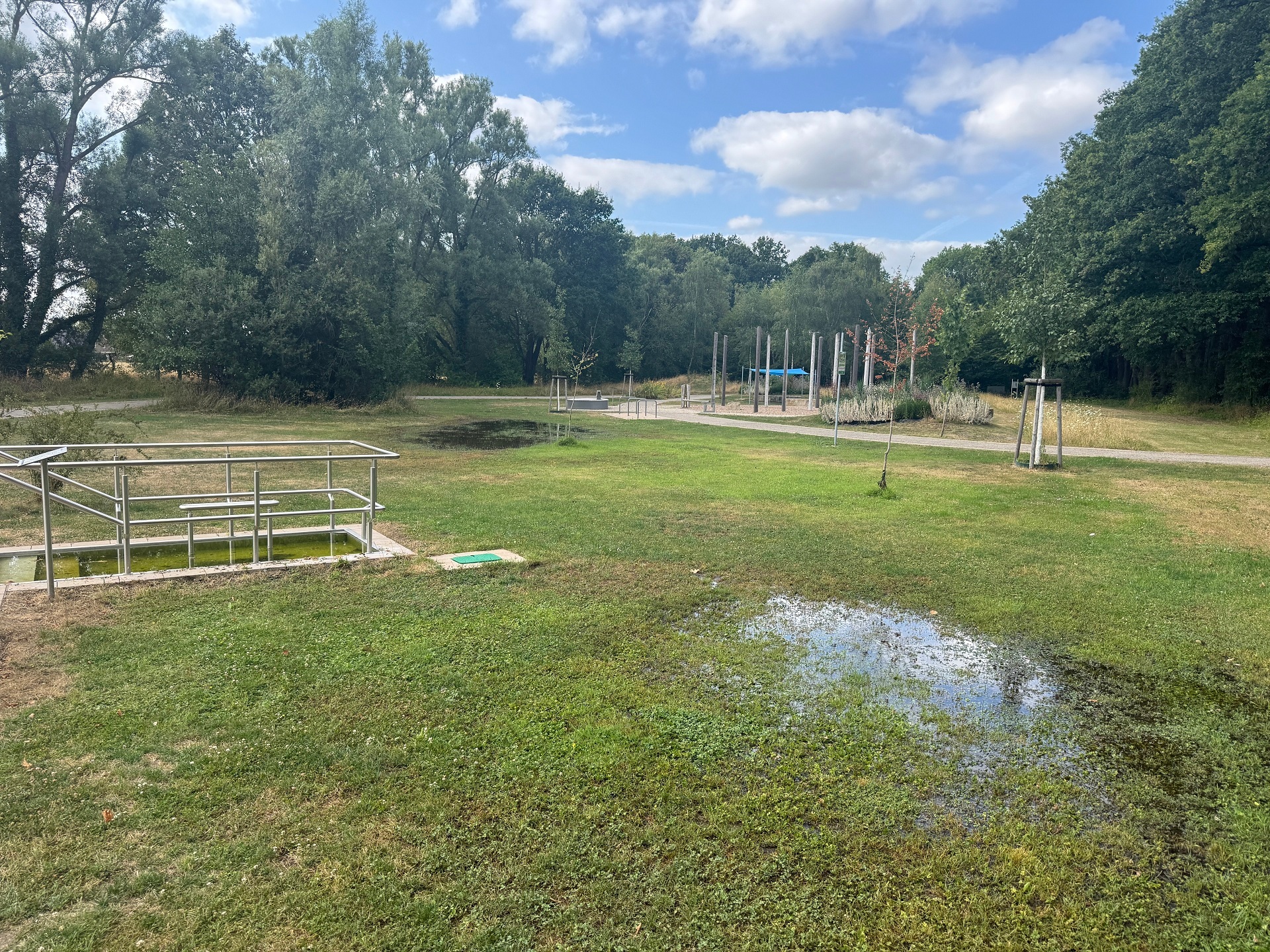 Blick über eine weitläufige Grünfläche im Kurpark mit mehreren Wasserpfützen auf dem Rasen. Links befindet sich ein barrierefreier Zugang mit Edelstahlgeländern zu einem Wasserbecken. Im Hintergrund sind ein Spiel- und Bewegungsbereich, Wege sowie zahlreiche Bäume zu sehen. Der Himmel ist blau mit großen weißen Wolken. Die Pfützen auf der Wiese deuten auf einen Wasseraustritt oder starke Nässe hin.