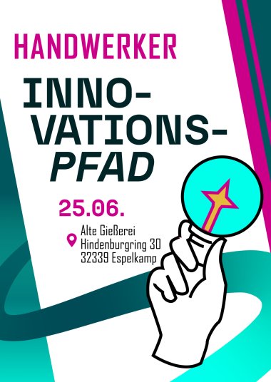 Veranstaltungsplakat für den „Handwerker Innovationspfad“ am 25.06. Veranstaltungsort: Alte Gießerei, Hindenburgring 30, 32339 Espelkamp. Das Plakat ist grafisch gestaltet in Türkis, Magenta und Dunkelgrün. Rechts ist eine stilisierte Hand mit einer Lupe dargestellt, in der ein Stern zu sehen ist.