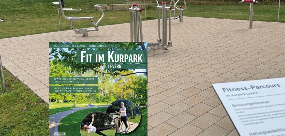 Fit im Kurpark 2026 Outdoor-Fitnessgeräte im Kurpark Levern auf einer gepflasterten Fläche im Grünen. Im Vordergrund ist ein Plakat zur kostenlosen Veranstaltung „Fit im Kurpark Levern“ am 13. Juni 2026 zu sehen. Rechts befindet sich eine Informationstafel zum Fitness-Parcours.