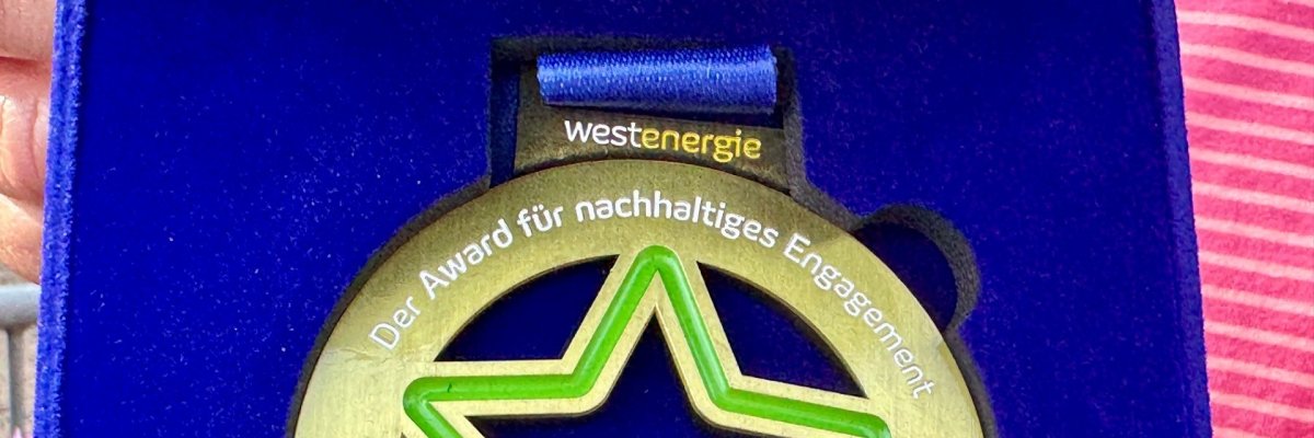 LokalStars 2026 Nahaufnahme einer Medaille in einer dunkelblauen Schatulle. Die goldfarbene Medaille zeigt einen grünen Stern und trägt die Aufschrift: „westenergie – Der Award für nachhaltiges Engagement – LokalStars 2026“.